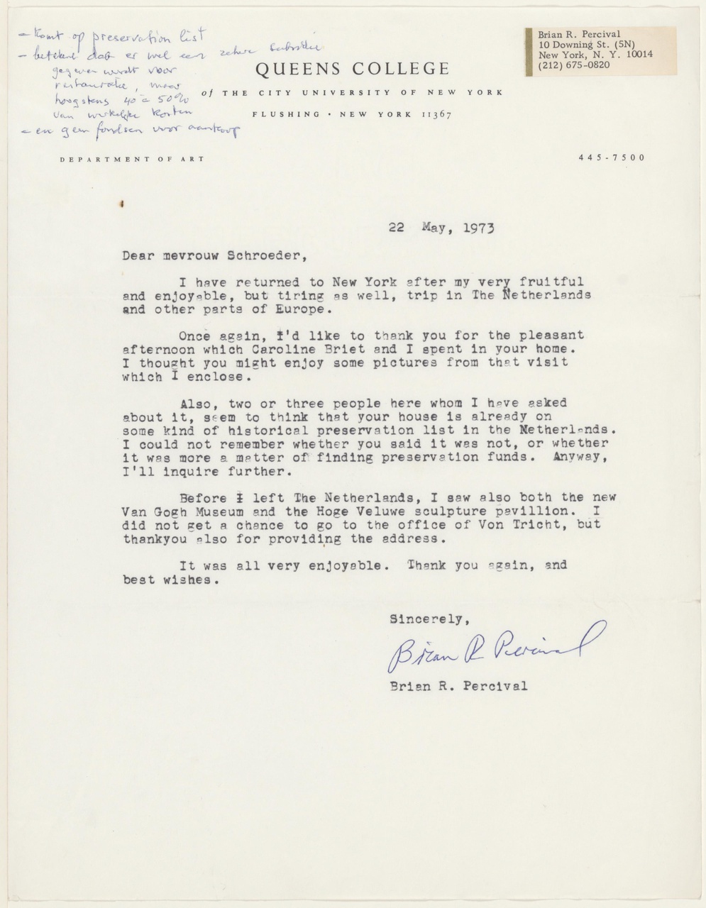 Brief van B.D. Percival aan T. Schröder