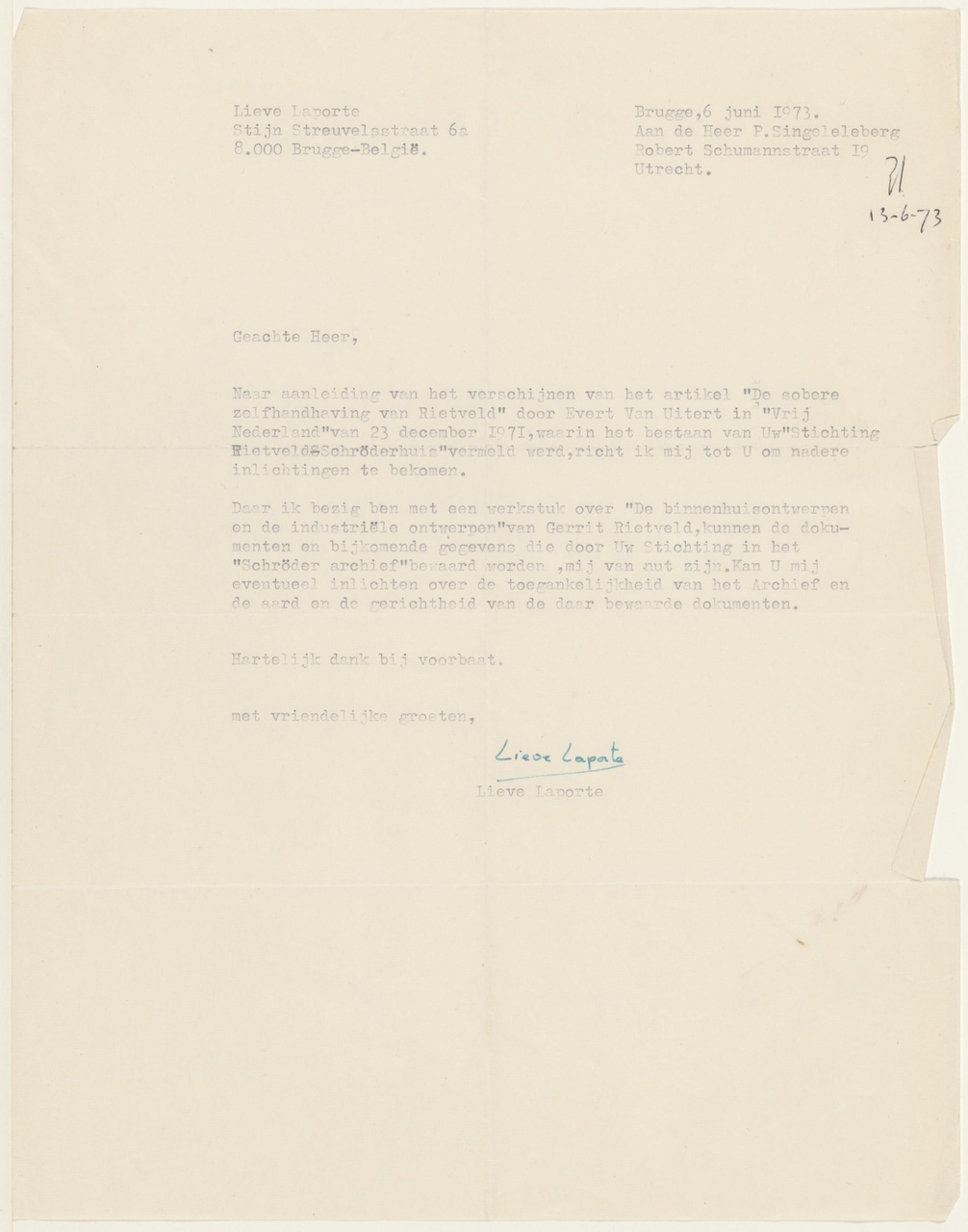 Brief van L. Laporte aan T. Schröder