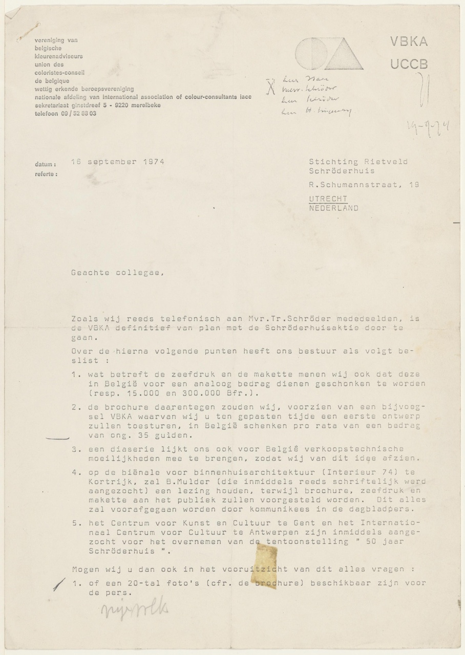 Brief van J. de Mey / M.A. Poriau aan Stichting Rietveld Schröder Huis