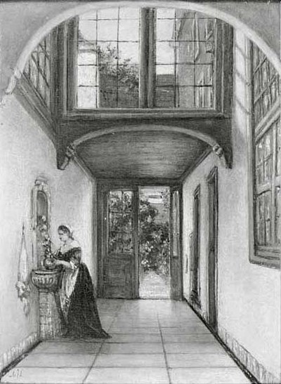 Een vrouw met een vaas bloemen in de gang van een groot huis. De deur staat open, doorkijkje naar de tuin.