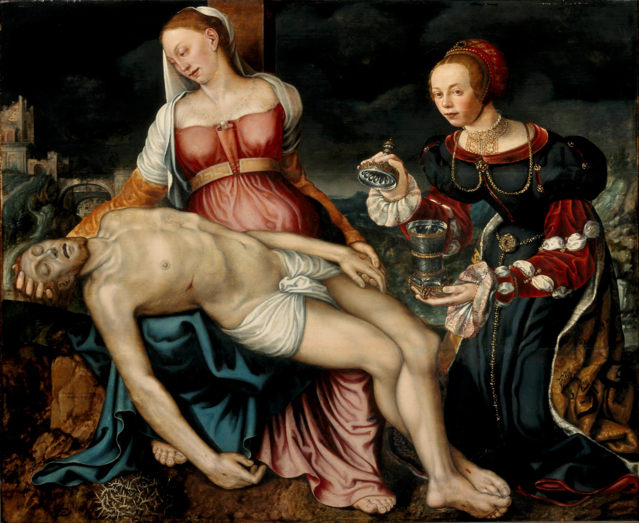 Maria met het lichaam van de gestorven Christus op haar schoot, rechts Maria Magdalena in kostbare kleding met een zalfpot in haar handen.