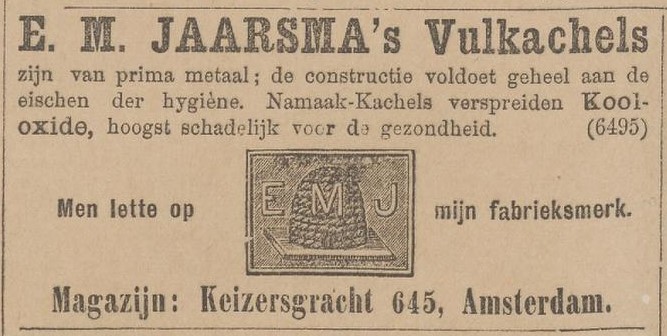 Advertentie voor E.M. Jaarsma vulkachels op 21-11-1896 in de ‘Kleine Courant, Het nieuws van den dag’.