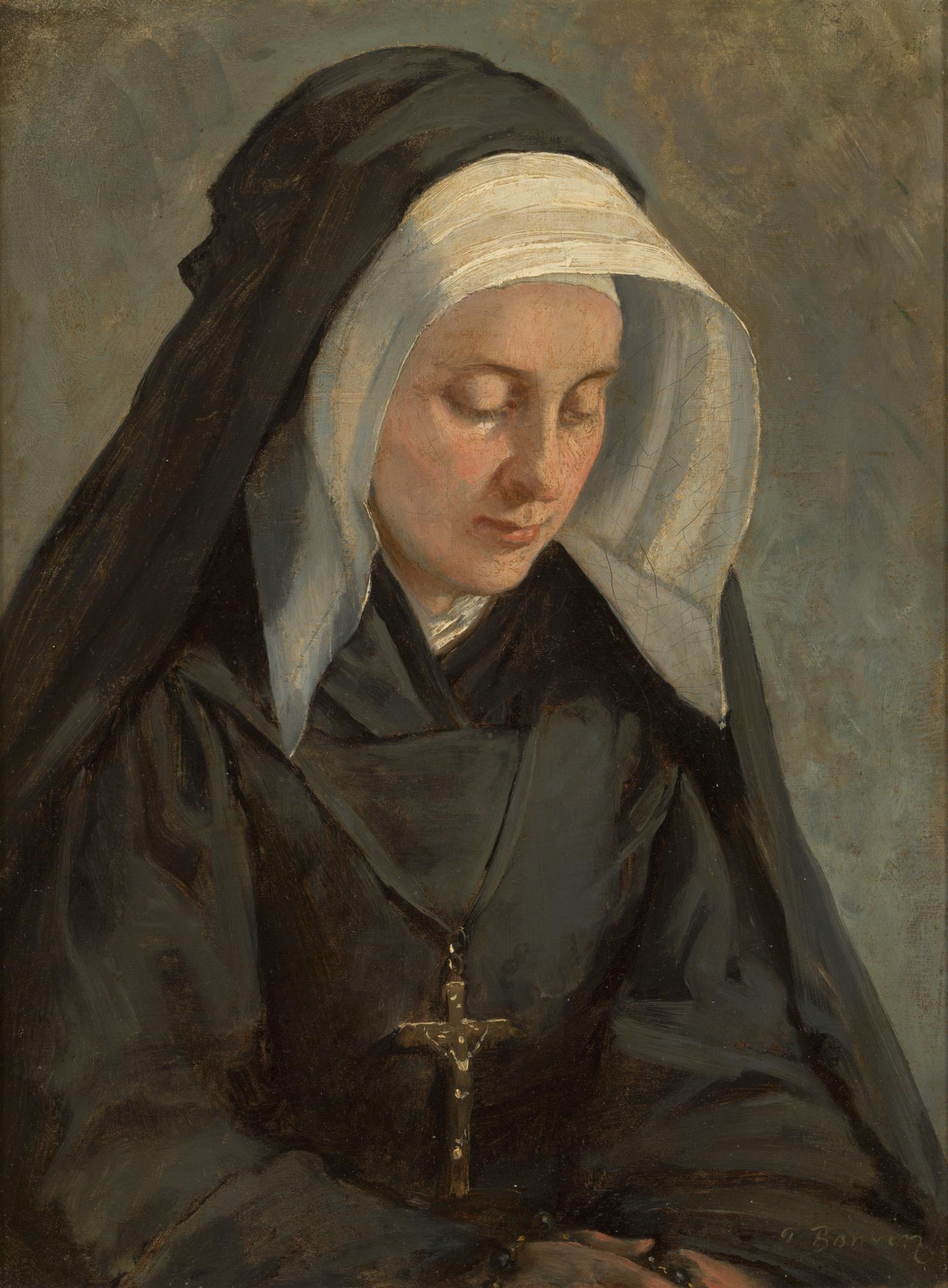 Een non met zwart habijt en witte kap, de blik op haar gevouwen handen gericht.