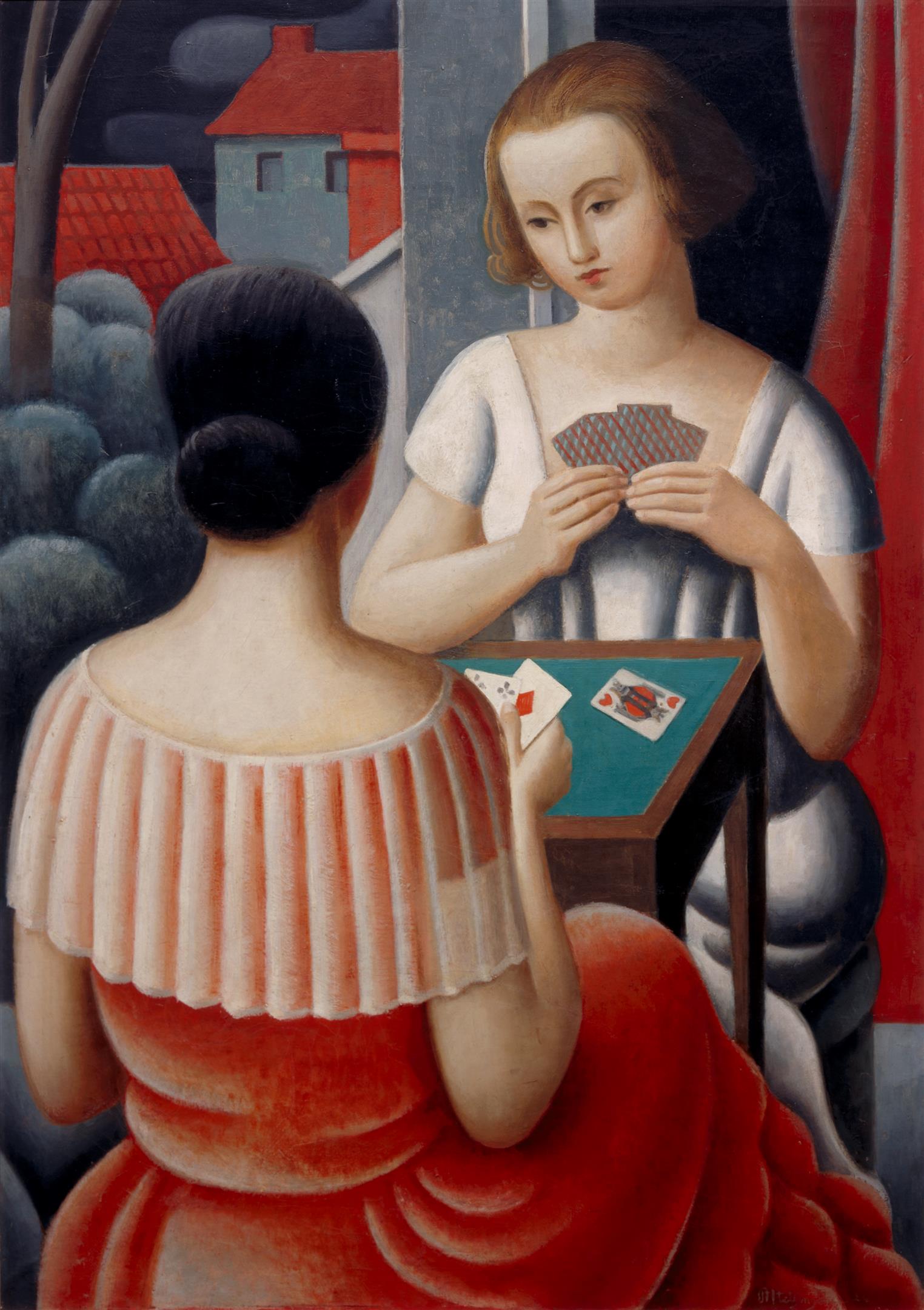 Schilderij van twee kaartspelende vrouwen