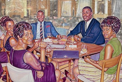 Een schilderij van vijf mensen die aan een tafel zitten.