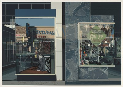 Een schilderij van een winkelpui met een bord in het raam en reflecties van de straat